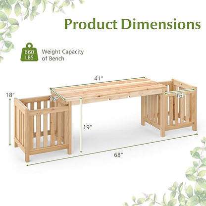 HAPPYGRILL Patio Wooden Bench with Planter, 2 Person Patio Bench with/ 2 Side Flower Box, Slot Design for Easy Assembly, Natural Fir Wood Frame, Outdoor Garden Bench Seat for Patio, Garden, Backyard