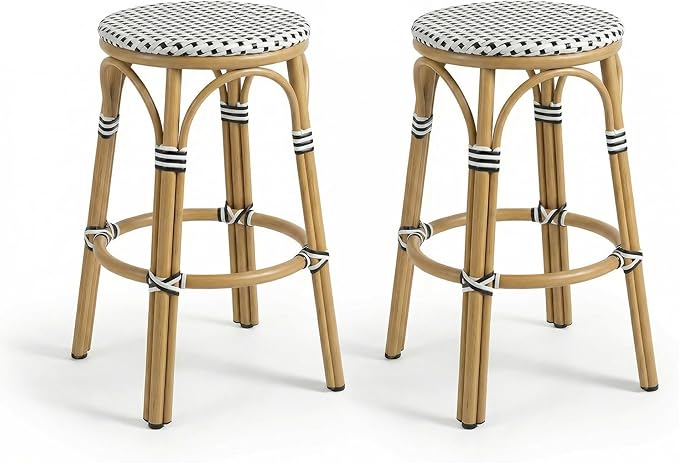 PURPLE LEAF Outdoor French Round Bar Stool Set of 2 Oversized 30" Armless Stackable Rattan Barstools Bamboo Print - Photo 1
