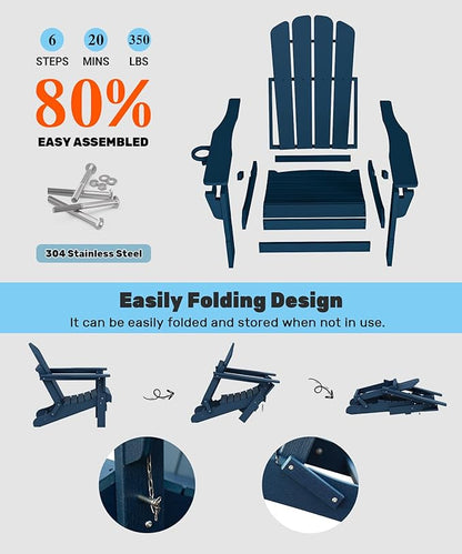 Domi Folding Adirondack Chair, HDPE Adirondack Chair with Cup Holder, Wooden Textured Fire Pit Chairs for Patio Backyard Lawn, Dark Blue