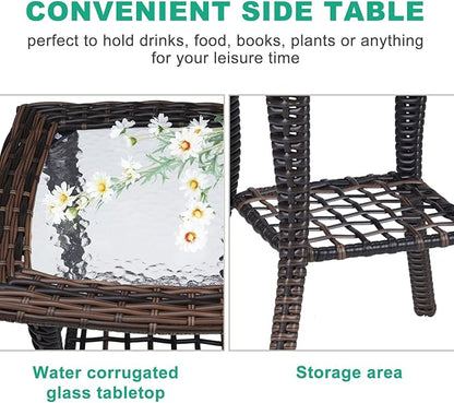 VINGLI Outdoor Side Table with Storage Wicker Patio Side Table, Tempered Glass Top End Table for Balcony Porch Deck (Brown)