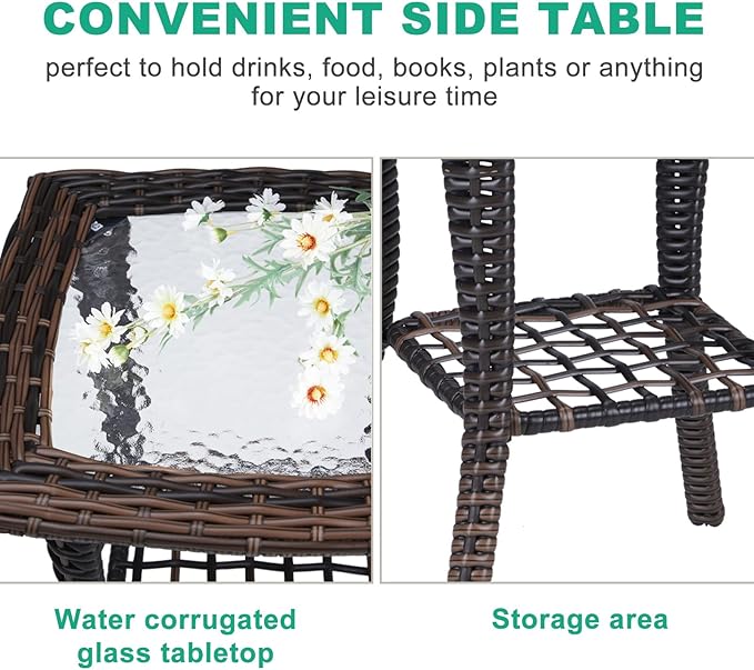 Henf Wicker Rattan Side Table Outdoor Square End Table Coffee Table with Glass Top, Patio Wicker Garden Side Table Small End Table with Storage for Patio Courtyard Balcony
