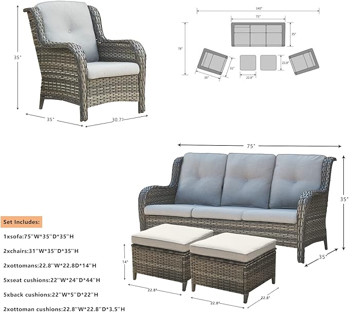 Rilyson Outdoor Patio Wicker Furniture Set - 5 Piece Rattan Patio Conversation Sectional Sofa Set with 1 Couch - Photo 3