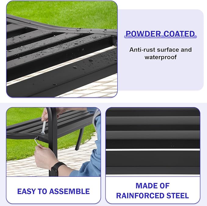 Garden Bench Anti-Rust Metal Patio Park Benches Waterproof Outdoor Cast-Iron Bench with Mesh Pattern Plastic Backrest Armrests,Black