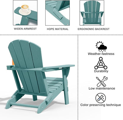 Folding Adirondack Chairs with Cup Holders, Set of 4 HDPE Plastic Outdoor Chairs, Weather Resistant, Real Wood Look, Heavy-Duty Patio Furniture for Deck, Fire Pit, Backyard, Aruba Blue