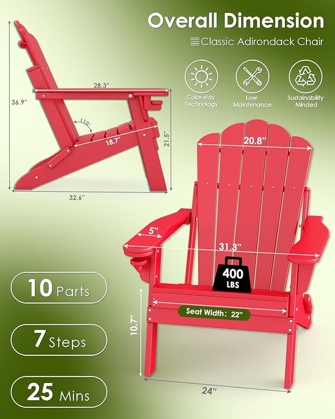 GREENVINES Oversized-Folding-Adirondack-Chairs-Set-of-2 | HDPE Plastic | Cup Holder | Fire Pit Chair | All Weather | for Outdoor Deck Backyard | Red