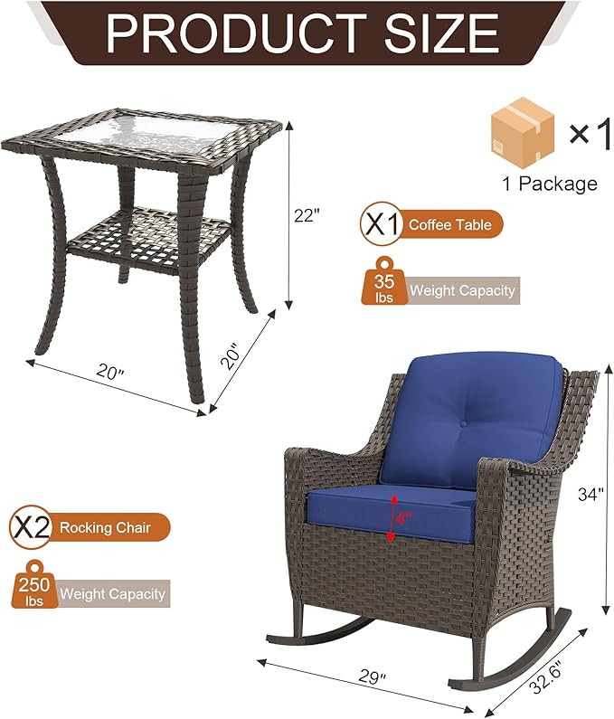 3 Pieces Patio Furniture Set, 2 High Back Rattan Rocking Chairs and Side Table, Outdoor PE Wicker Furniture Set, All Weather Patio Set with Waterproof Cushion for Porch and Deck