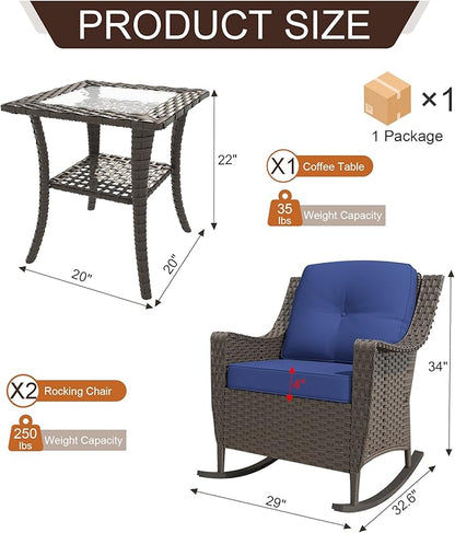 3 Pieces Patio Furniture Set, 2 High Back Rattan Rocking Chairs and Side Table, Outdoor PE Wicker Furniture Set, All Weather Patio Set with Waterproof Cushion for Porch and Deck