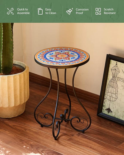 VONLUCE Outdoor Side Table and Mosaic Plant Stand, Round End Table with 14" Ceramic Tile Top for Patio Porch Decor, 21" Tall Indoor Outdoor Accent Table, Small Coffee Table for Home Garden, Ukrainian