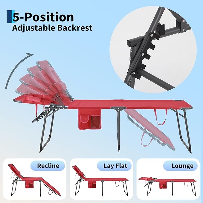 Tanning Chair with Face Hole Folding Beach Lounge Chair,5-Position Adjustable Backrest, Pillow & Side Pocket,Portable Face Down Chaise Lounge for Outdoor Backyard Poolside,Beach, Patio,Red