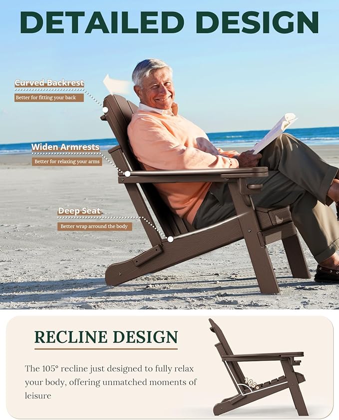 BRIOPAWS Folding-Adirondack-Chairs Set of 4 | HDPE | Brown Wood Grain | Fire Pit Chair | Cup Holder | Weather Resistance | for Outdoor Backyard Deck Patio
