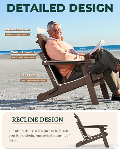 BRIOPAWS Folding-Adirondack-Chair | HDPE | Brown Wood Grain | Fire Pit Chairs | Cup Holder | Weather Resistance | for Outdoor Backyard Deck Patio