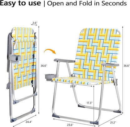 VINGLI Aluminum Oversize Patio Lawn Chairs Folding Set of 2 with Detachable Cup Holder, Webbed Beach Chair Folding Chair Outdoor Portable Camping Chair for Yard, Garden
