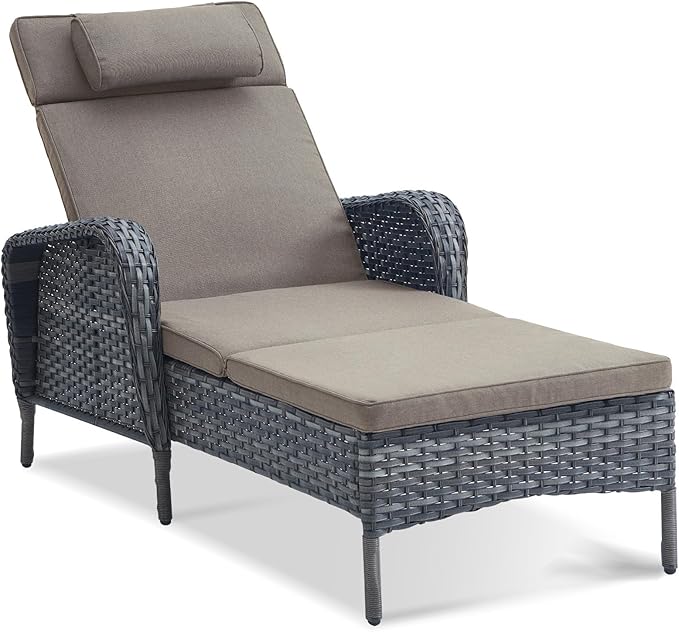 Belord Outdoor Chaise Lounge Patio Recliner - 75 Inch Adjustable Wicker Chaise Lounge with Soft Pillow Removable Cushions, All Weather Rattan Pool Lounge Chair for Poolside Deck Grey/Grey