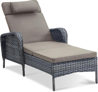 Belord Outdoor Chaise Lounge Patio Recliner - 75 Inch Adjustable Wicker Chaise Lounge with Soft Pillow Removable Cushions, All Weather Rattan Pool Lounge Chair for Poolside Deck Grey/Grey