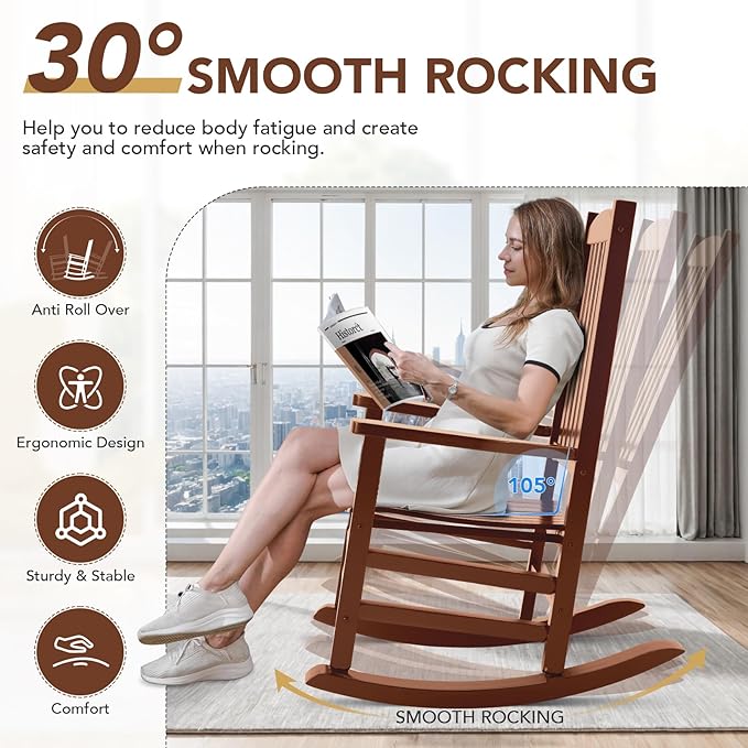 Wooden Outdoor Rocking Chair, Oversized Patio Rocking Chair w/400lbs Support & High Backrest | Porch, Lawn, Garden, Backyard，Natural