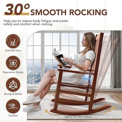 Wooden Outdoor Rocking Chair, Oversized Patio Rocking Chair w/400lbs Support & High Backrest | Porch, Lawn, Garden, Backyard，Natural