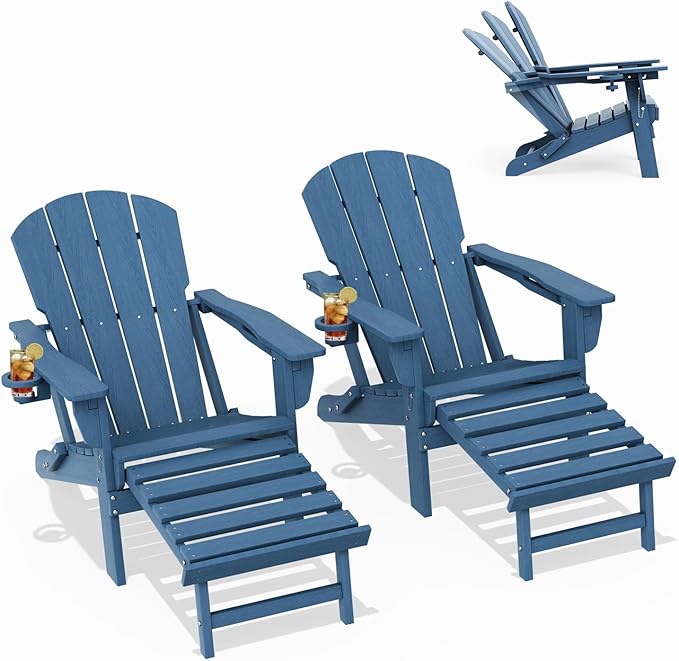 LOUNZY Folding Adjustable Adirondack Chair with Retractable Ottoman Set of 2,HDPE Recliner Adirondack Chair with Cup Holder for Deck Lawn Fire Pit, Navy
