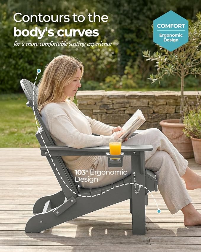Ciokea Folding Adirondack Chair 6 Pack, Patio Adirondack Chair Weather Resistant, Plastic Fire Pit Chair with Cup Holder - Photo 4