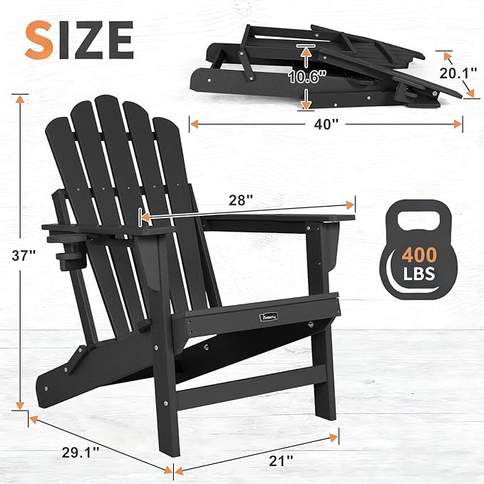 FUNBERRY Folding Adirondack Chairs Set of 2, All Weather HDPE Wood Texture Fire Pit Chairs with Cup Holder for Outdoor - Photo 6