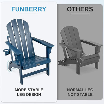 FUNBERRY Folding Adirondack Chair, HDPE Stable Gun-Leg Design Fire Pit Chairs with Cupholder All Weather for Outside