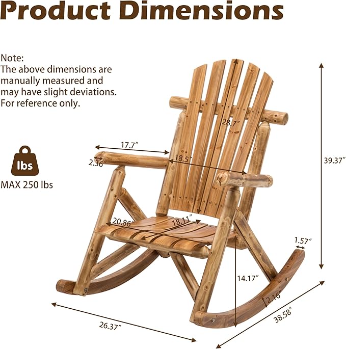 Anraja Outdoor Rocking Chairs Set of 2 Wood Log Furniture Rustic Patio Porch Rocker Comfy Lawn Beach Balcony, Lightly Toasted
