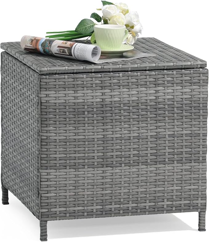 Verano Garden Outdoor Wicker Side Table, Small Storage Rattan Wicker End Table, Square Resin Coffee Table for Garden Porch Deck Living Room Backyard (Gray)