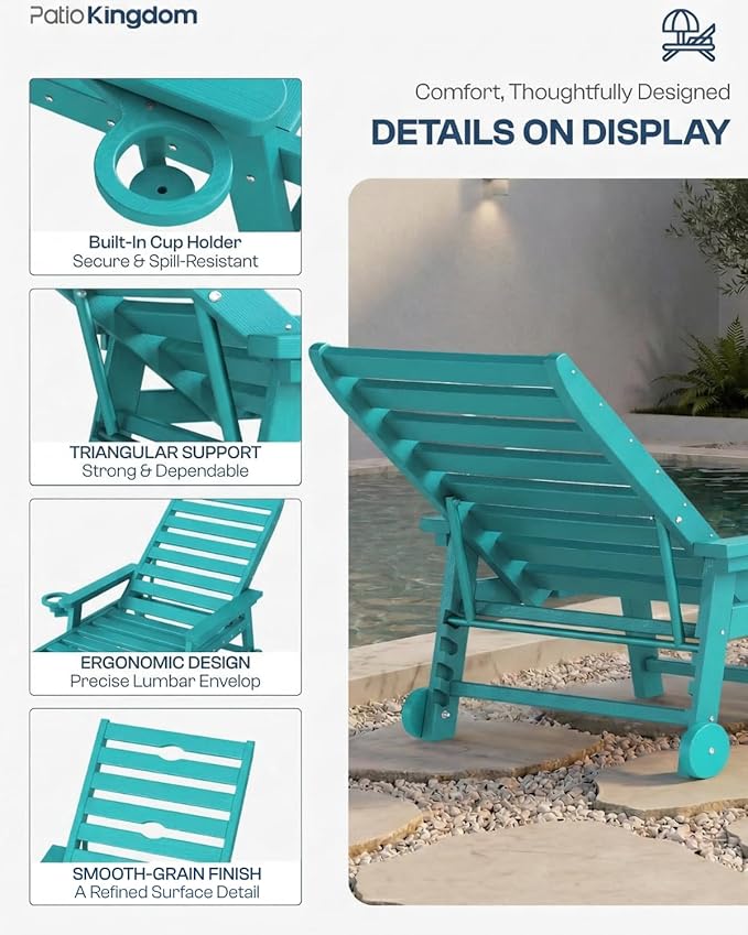 5-Position Adjustable Lounge Chair Outdoor, HDPE Outdoor Chaise Lounge with Cup Holder & Wheels - Photo 2