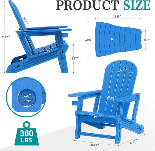 JY QAQA Outdoor Adirondack Chair Set of 2, All-Weather HDPE Patio Furniture with Detachable Table, Wood Texture & Cup Holder for Patio, Poolside, Garden, Blue