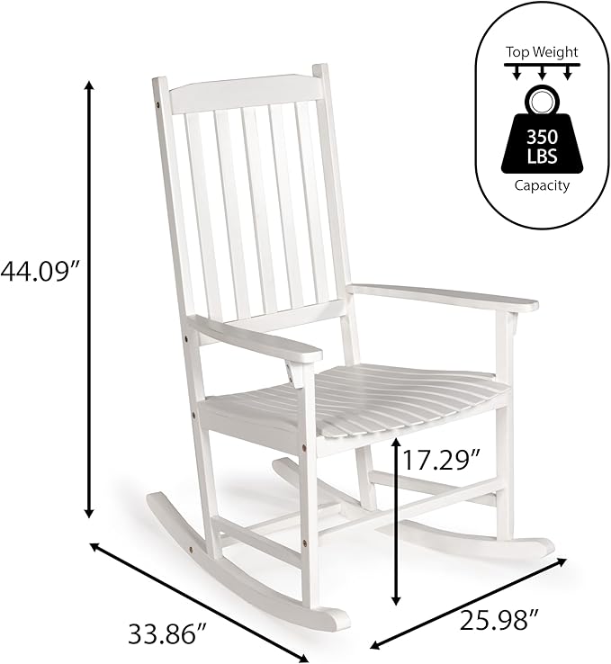 Eyely KCR300C Orvindar Farmhouse Classic Slat-Back 350-LBS Support Acacia Wood Outdoor Rocking Chair, White