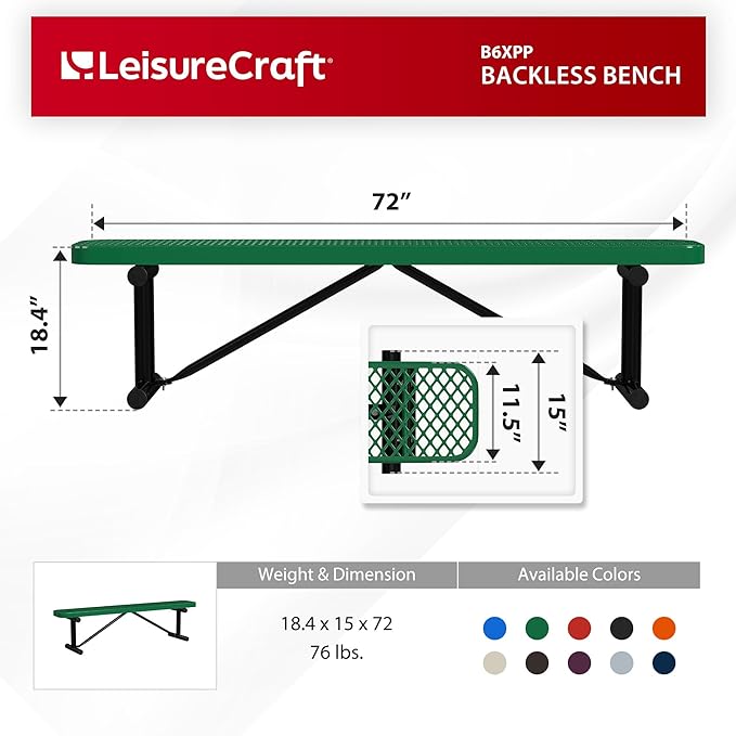 Leisure Craft Metal Outdoor Bench - 6 Foot Heavy Duty Backless Bench Seating for Garden, Porch, Picnic, Park, Expanded Metal, Thermoplastic Coating, Commercial Grade Furniture Made in USA - Green