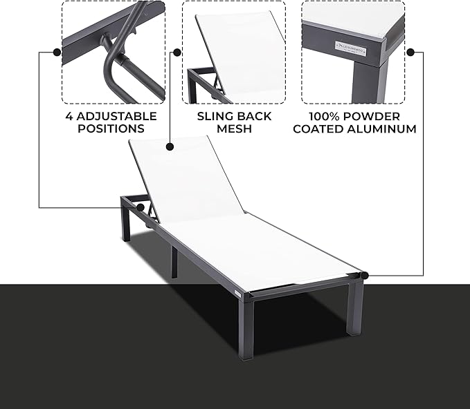 LeisureMod Marlin Aluminum Outdoor Chaise Lounge Chair - Mesh Sling Fabric Seat Black Aluminum Frame Beach, Pool Lounge Chair for Modern Patio Lawn, Garden and Backyard (White)