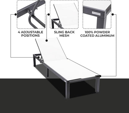 LeisureMod Marlin Aluminum Outdoor Chaise Lounge Chair - Mesh Sling Fabric Seat Black Aluminum Frame Beach, Pool Lounge Chair for Modern Patio Lawn, Garden and Backyard (White)