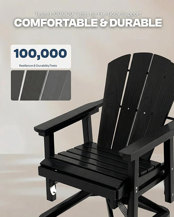 HDPE Swivel Glider Chair Set of 2 with Folding Side Table, Wooden Textured Adirondack Outdoor Swivel Chairs for Porch, Balcony, Poolside, Backyard (Black)