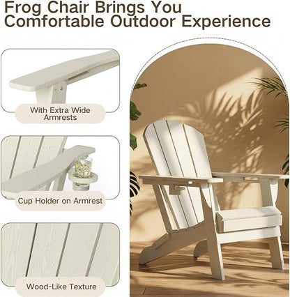 Kingdura Folding Adirondack Chairs Set of 4, Portable HDPE Outdoor Patio Chair with Wooden Textured & Cup Holder, All Weather Resistant, 380LBS Capacity for Pool, Backyard, Balcony, Fire Pit (White)