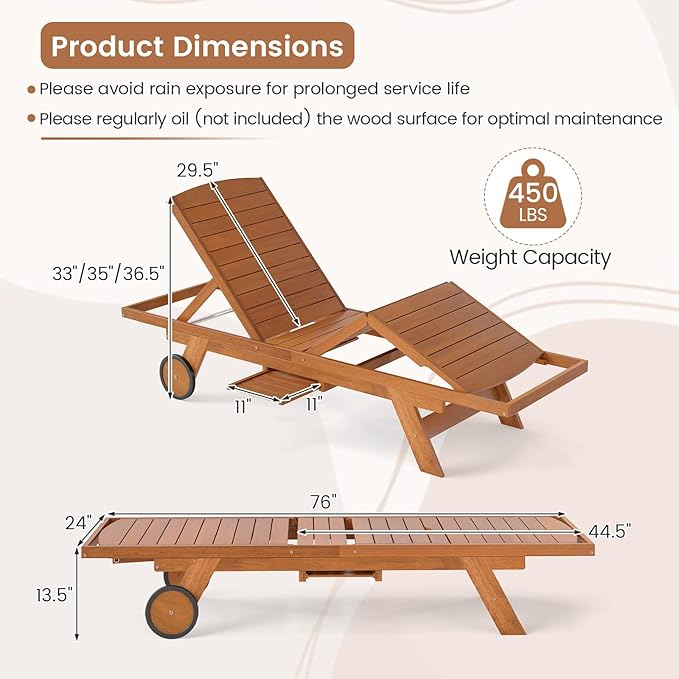 Tangkula Lounge Chair Outdoor with Wheels, Patio Wood Chaise Lounge with 4-Position Adjustable Backrest & Leg Area, Extendable Side Table, Pool Sunbathing Reclining Lounger for Outside Backyard (1)