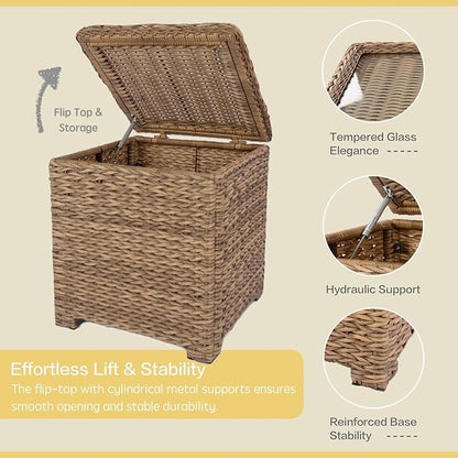 Laguna Point Outdoor Wicker Side Table, All-Weather HDPE Rattan Flip Top Storage Table with Tempered Glass, Patio Center Table for Pool Balcony, Tan