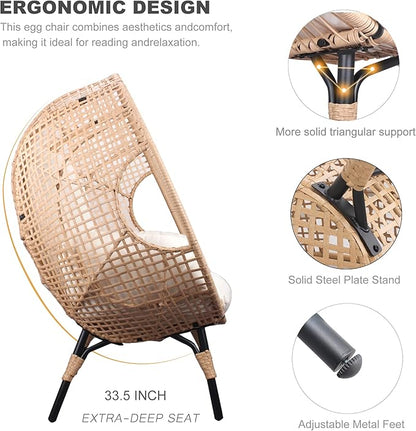 Oversized Wicker Egg Chair, Outdoor Indoor Rattan Patio Egg Lounge Chairs with Cushion 500lbs Capacity for Living Room, Balcony, Backyard (2 PCS, Beige-Grid)
