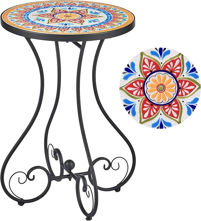 VONLUCE Outdoor Side Table and Mosaic Plant Stand, Round End Table with 14" Ceramic Tile Top for Patio Porch Decor, 21" Tall Indoor Outdoor Accent Table, Small Coffee Table for Home Garden, Ukrainian