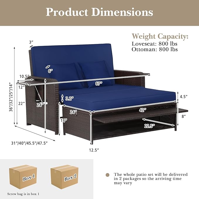 COSTWAY Patio Rattan Daybed with Cushions, Outdoor Wicker Loveseat Sofa with Storage Ottoman - Photo 3