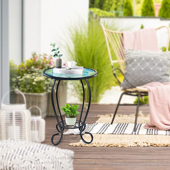 LIFFY Mosaic Outdoor Side Table, 14" Round Flower Patio Side Table with Storage Shelf, Small Bistro Coffee Table for Garden Yard Porch Living Room