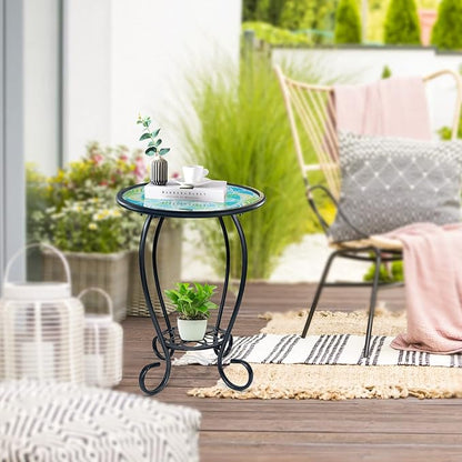 LIFFY Mosaic Outdoor Side Table, 14" Round Flower Patio Side Table with Storage Shelf, Small Bistro Coffee Table for Garden Yard Porch Living Room