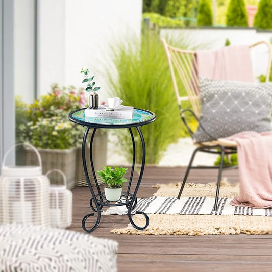 LIFFY Mosaic Outdoor Side Table, 14" Round Flower Patio Side Table with Storage Shelf, Small Bistro Coffee Table for Garden Yard Porch Living Room
