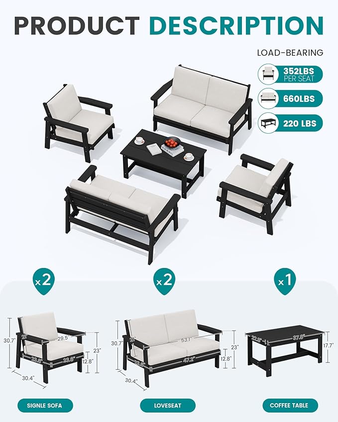 SERWALL HDPE Patio Furniture Set, 5 Piece All Weather Wood-Like Sectional Outdoor Furniture Set - Photo 2