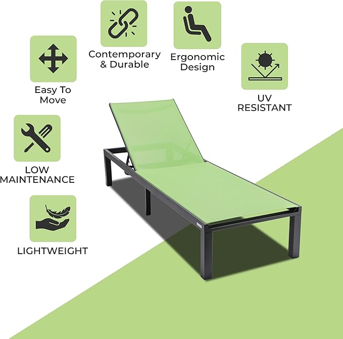 LeisureMod Marlin Aluminum Outdoor Chaise Lounge Chair - Mesh Sling Fabric Seat Black Aluminum Frame Beach, Pool Lounge Chair for Modern Patio Lawn, Garden and Backyard (Green)