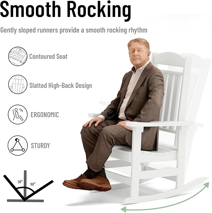 Outdoor Rocking Chairs Set of 6, Oversized High Back Patio Rocking Chairs, All Weather Porch Rocking Chairs for Outside. White