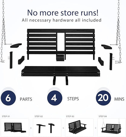 KINGYES Outdoor Patio Swing Set - 2 Seat Hanging Porch Swing with Cup Holders, Waterproof & 660LBS Weight Capacity, Black