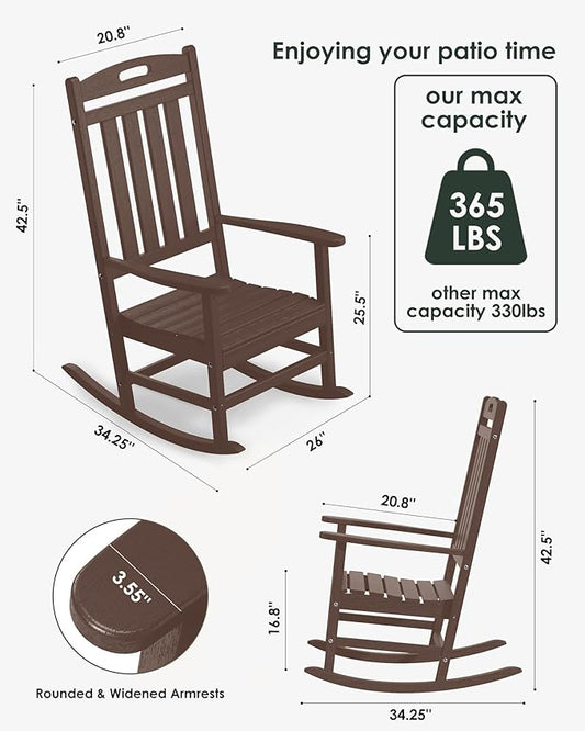 Outdoor Rocking Chair, All-Weather Resistant Poly Lumber Rocker Chair Outdoor, High Back Plastic Patio Rocking Chairs for Outside Porch Rocker Garden Lawn, Mahogany