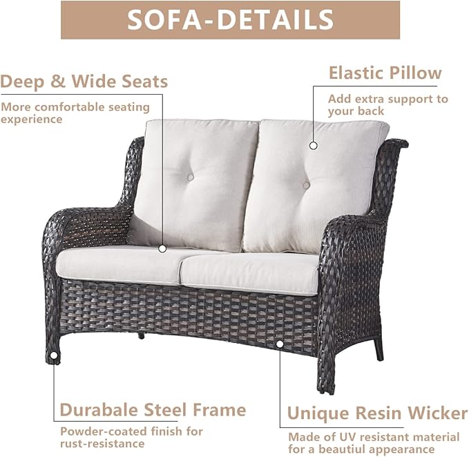 HUMMUH 4 Piece Patio Conversation Furniture Set PE Wicker Rattan Outdoor Loveseat Sofa, Patio Chairs - Photo 3