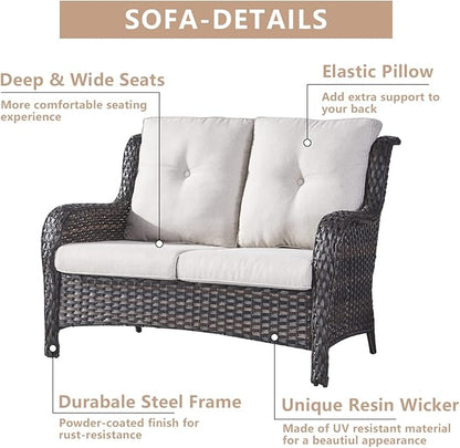 HUMMUH 4 Piece Patio Conversation Furniture Set PE Wicker Rattan Outdoor Loveseat Sofa,Patio Chairs,Coffee Table for Garden,Poolside,Backyard,Deck