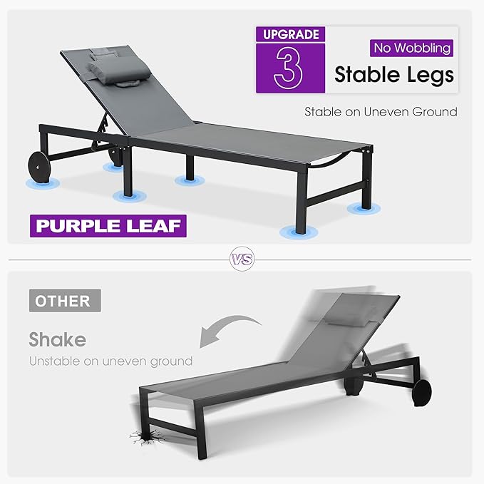 PURPLE LEAF Outdoor Tanning Lounge Chair Set with Face Hole Aluminum Adjustable Chairs Wheels Pillows and Table for Poolside Beach Patio Reclining Sunbathing Lounger Grey
